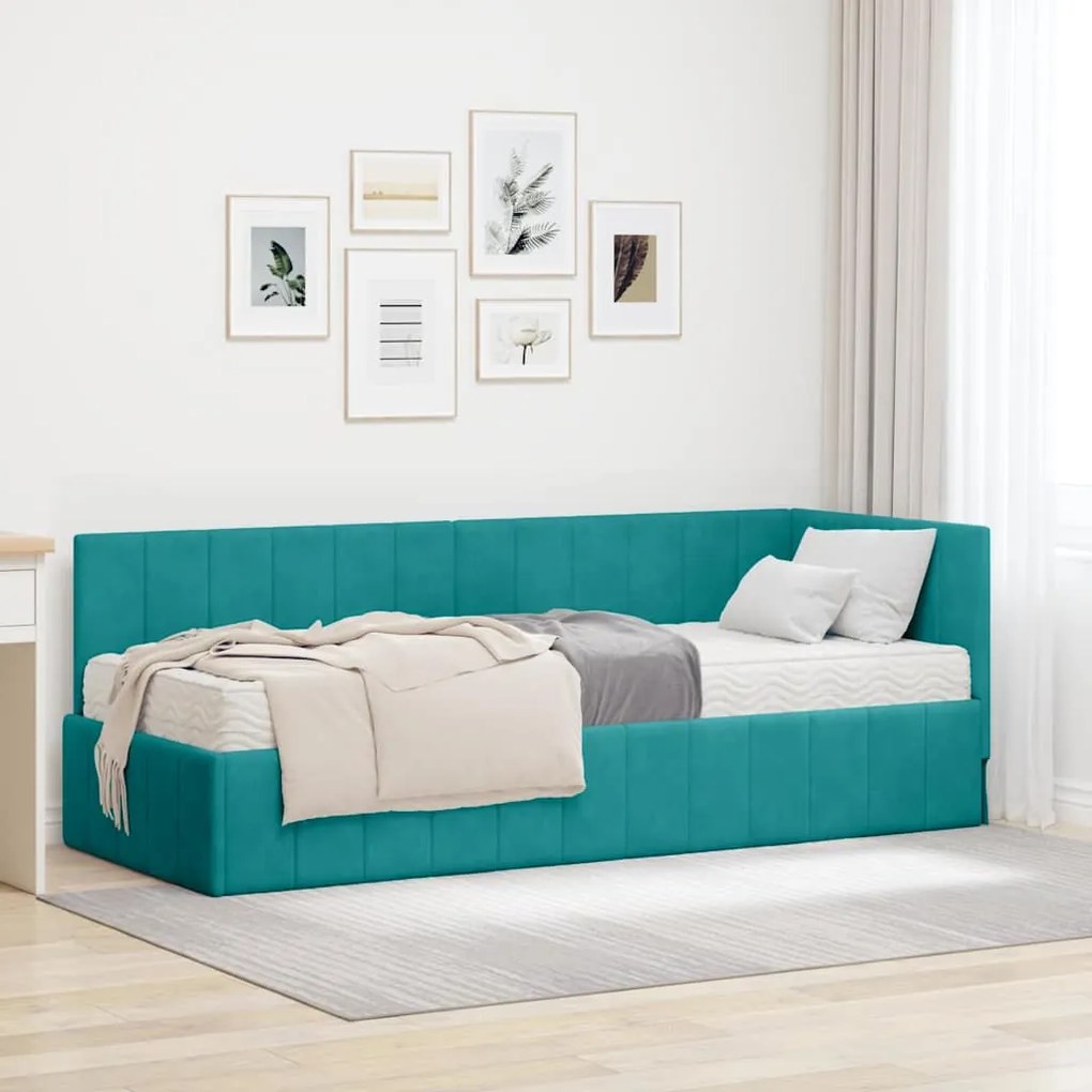 vidaXL Estrutura de Cama de Canto com Colchão 2 pcs Turquesa Veludo