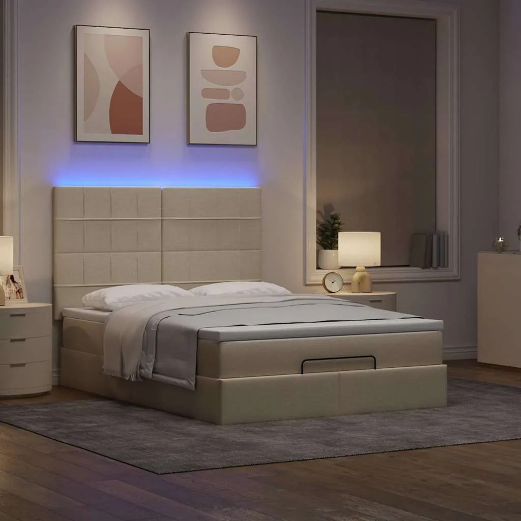 Estrutura de cama otomana com colchão tecido creme 140x200cm