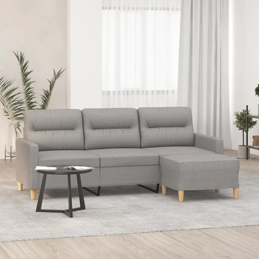 Sofá de 3 lugares com apoio de pés 180 cm tecido cinzento-claro