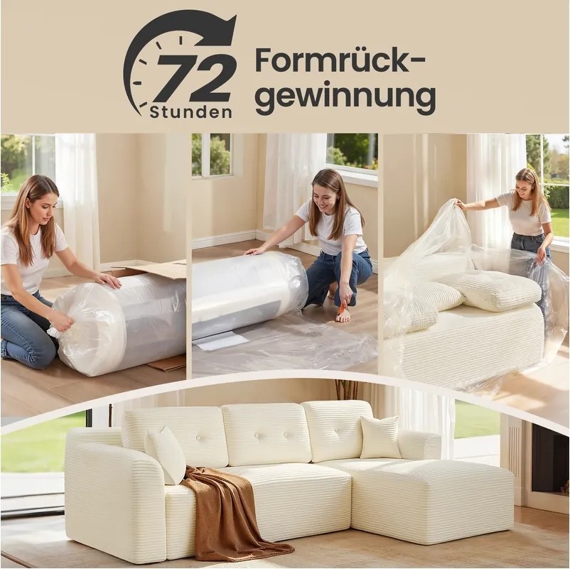 Sofá modular com 244 cm de largura e uma grande chaise longue à direita, em branco creme