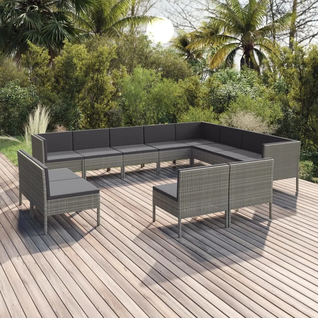 vidaXL 12 pcs conjunto lounge de jardim c/ almofadões vime PE cinzento
