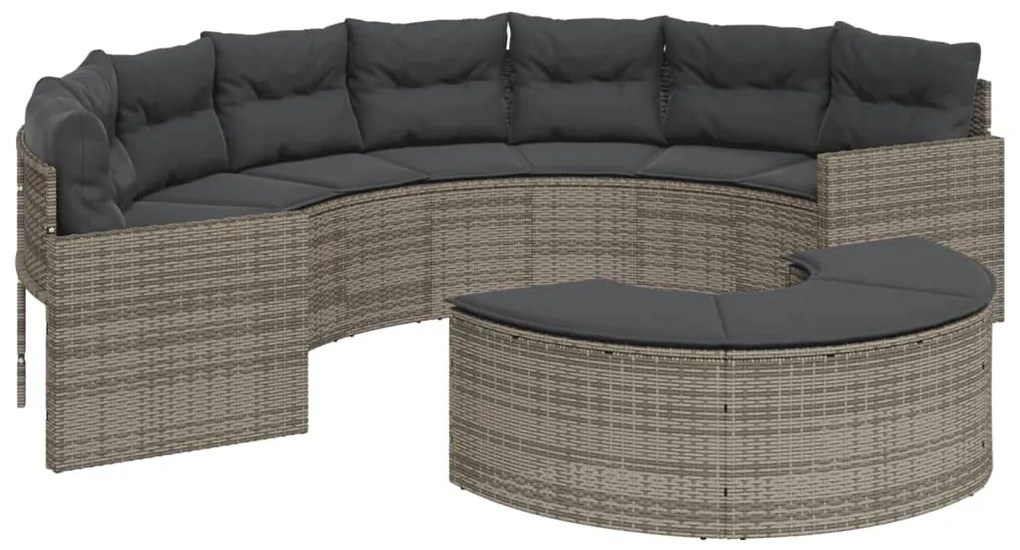 Sofá de jardim com almofadões semicircular vime PE cinzento