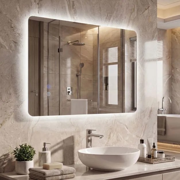 Espelho retangular de 70 x 50 cm com brilho ajustável, retroiluminado, tátil, inteligente, função de memória e design antiembaciamento Prateado