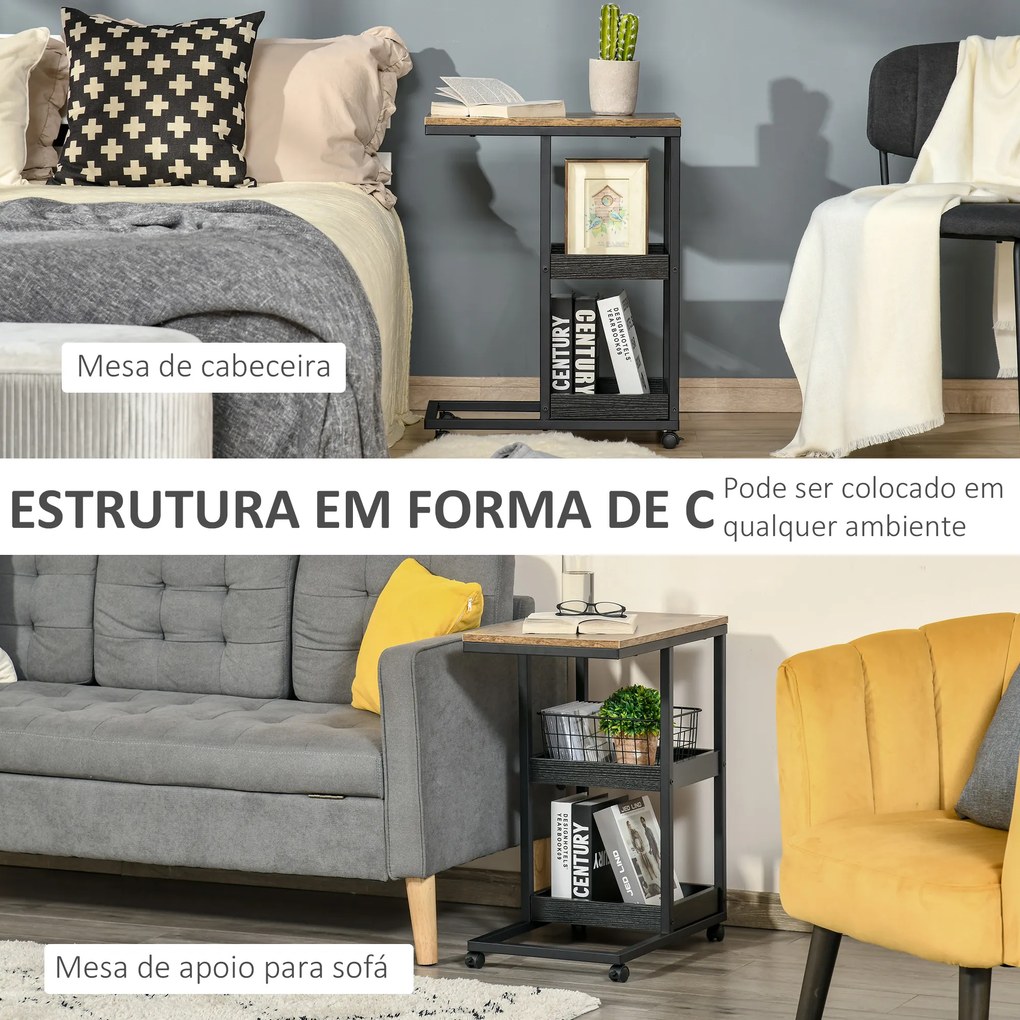 Mesa Auxiliar Industrial em Forma de C com Rodas Prateleiras Abertas e Estrutura de Aço 51x33x66 cm Castanho Escuro e Preto