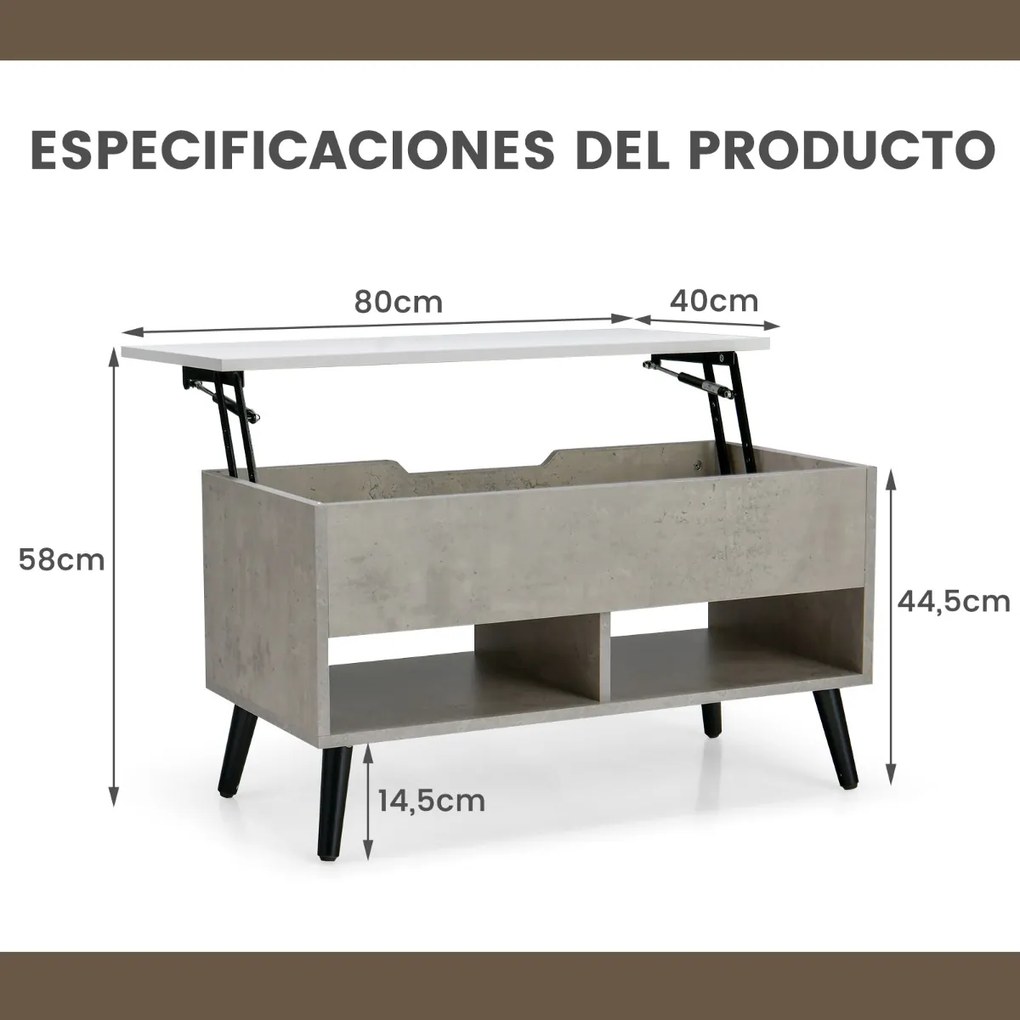 Mesa de centro com tampo elevável 80 x 40 x 46 cm, compartimento oculto e 2 prateleiras para sala de estar Cinzenta