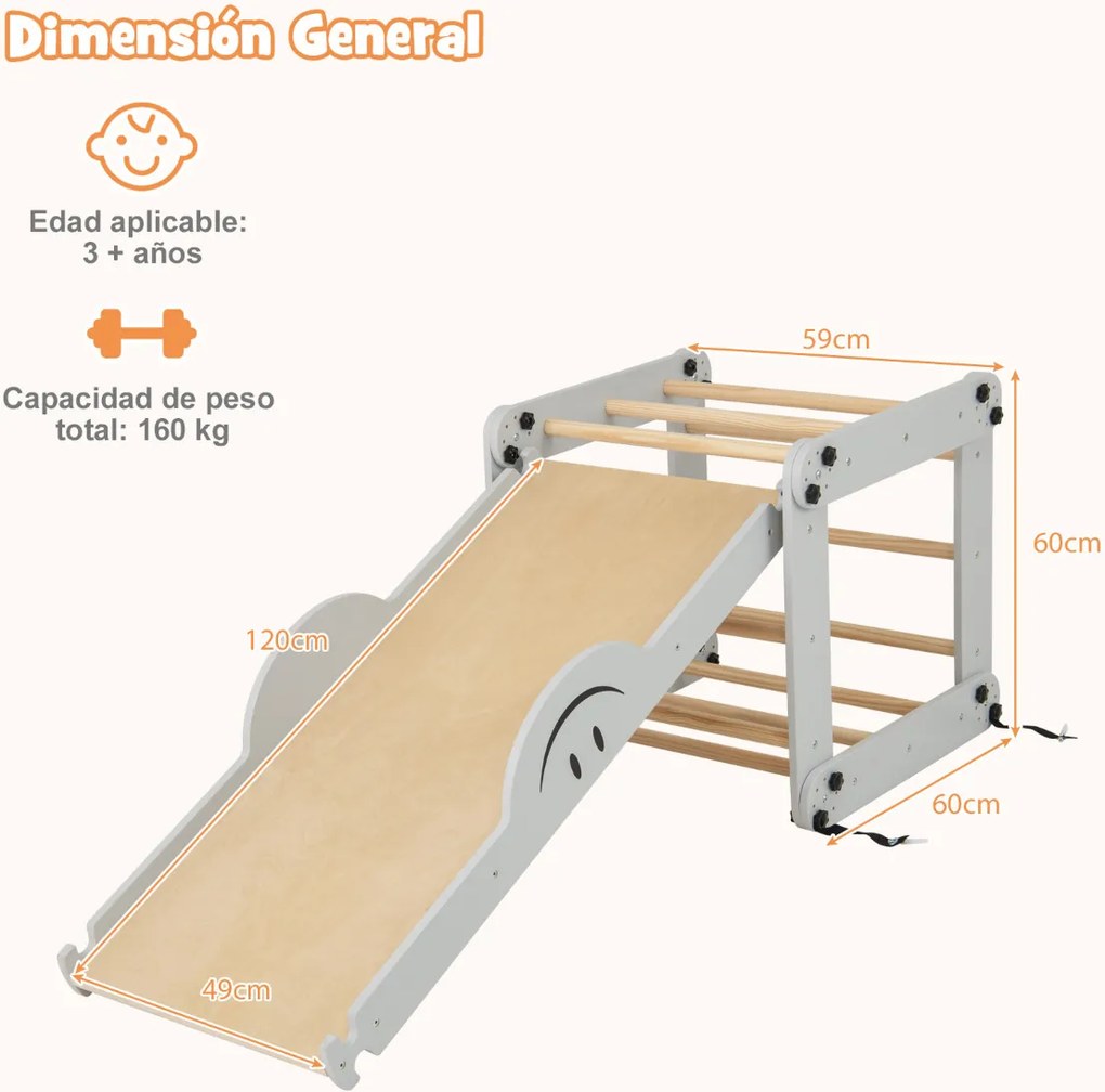 Conjunto de Escalada Montessori de Madeira para crianças Dobrável com Rampa Ajustável Reversível Cinzento