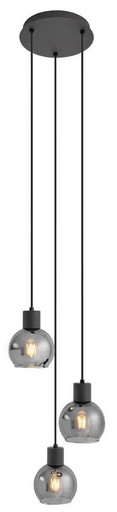 Candeeiro de suspensão Art Deco preto com vidro fumê redondo 3-luzes - Vidro Art Deco