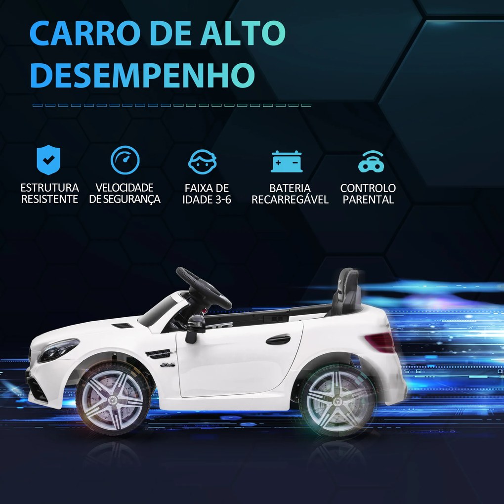 Carro Elétrico Mercedes SLC 300 12V com Faróis LED Buzina Música TF USB e Abertura da Porta 3-5km/h 107x62,5x44 cm Branco