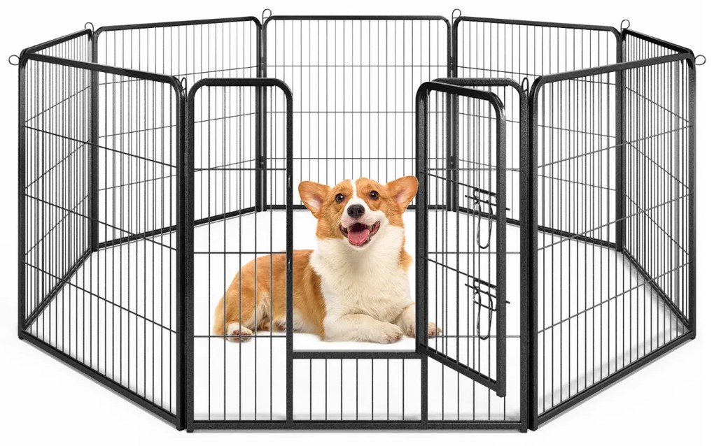 Parque para cães com 8 painéis Altura 100 cm Interior/Exterior Parque de metal resistente para animais de estimação médios Preto