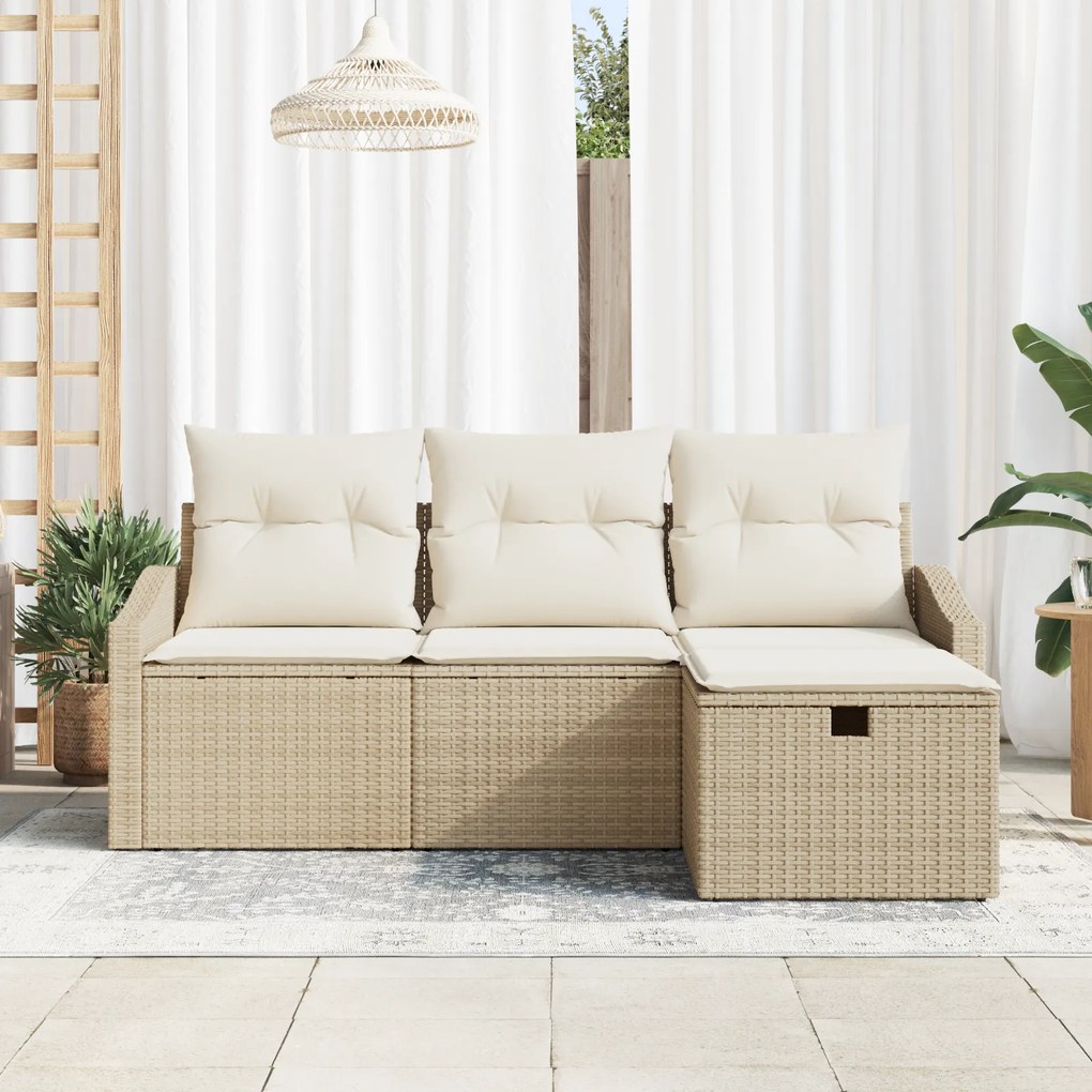 Conjunto de Sofá de Jardim de 4 Peças com Almofadas Bege de Rattan Pol