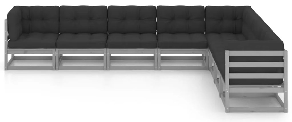 8 pcs conjunto lounge de jardim + almofadões pinho maciço cinza