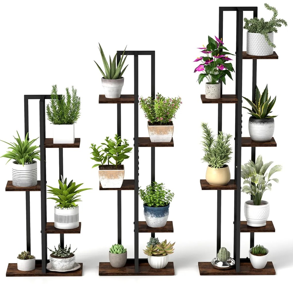 Conjunto de 3 Estantes altas de madeira e metal com 4+5+6 níveis para plantas e vasos Preto e Castanho