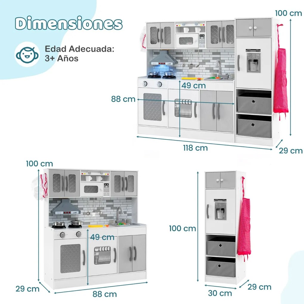 Cozinha brincar de madeira 118 x 29 x 100 cm com luzes e sons Cozinha modular de brincar e frigorífico com funções interativas cinzenta
