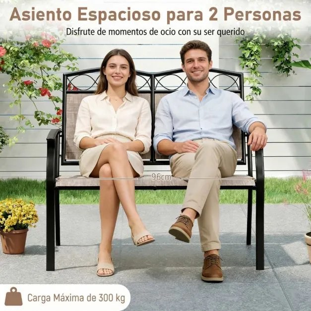 Banco jardim para 2 pessoas 71 x 105 x 93 cm em metal resistente com tecido respirável e carga máxima de 300 kg para jardim, varanda Castanho claro +