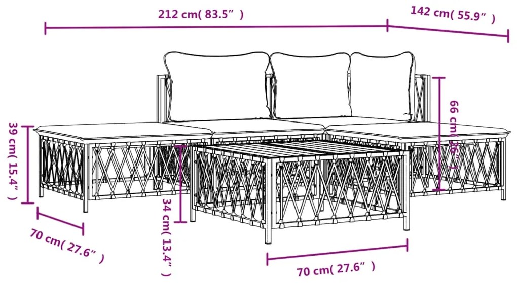 5 pcs conjunto lounge de jardim com almofadões aço branco