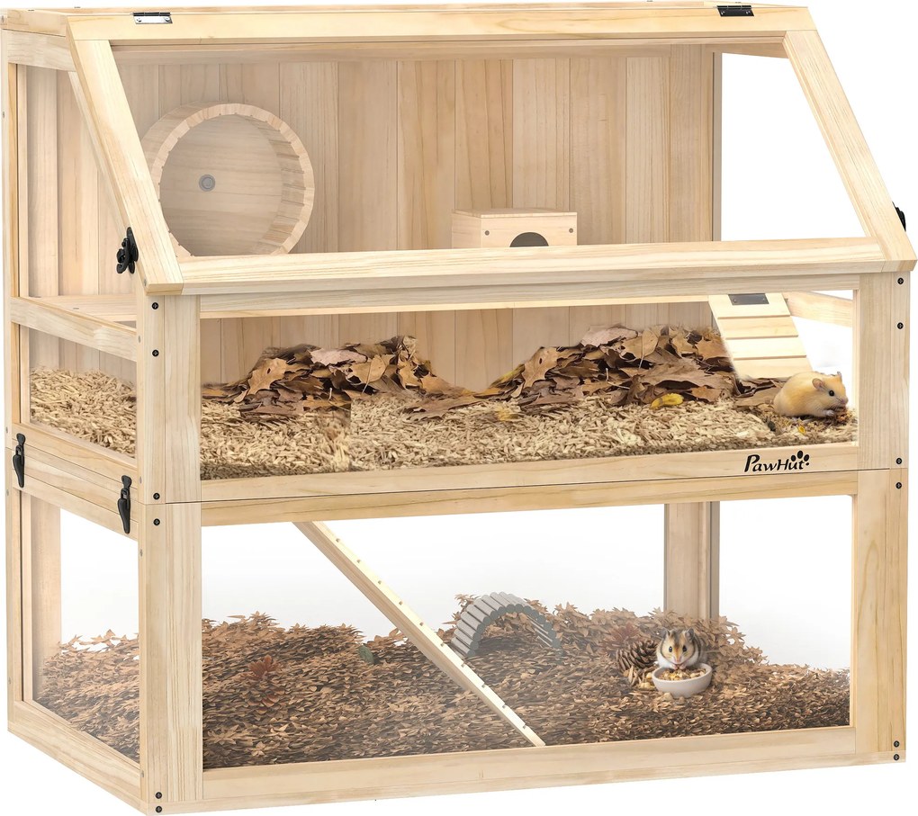 Gaiola para hamsters e roedores com 3 níveis, fundo removível 80 x 50 x 76 cm, casinha e Baloiço, 80x50x76 cm, acabamento em madeira natural