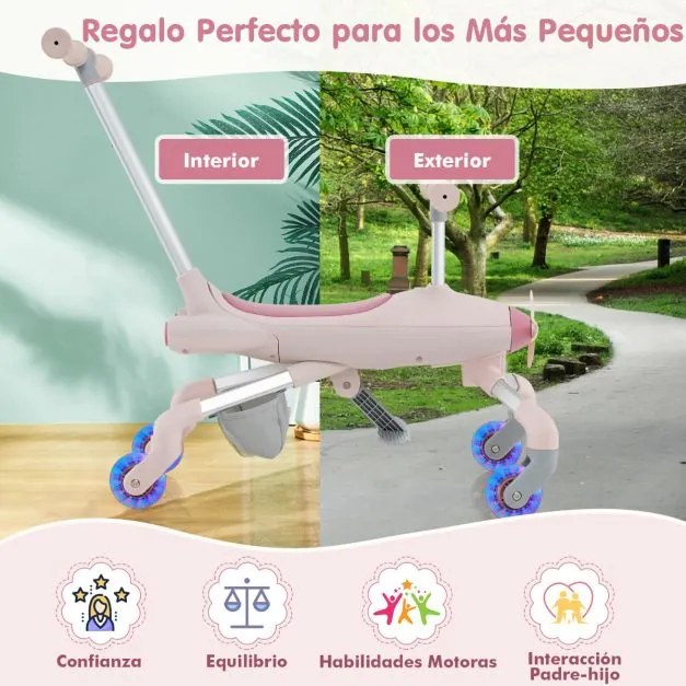 Carrinho de bebé 2 em 1 com tema de avião, rodas iluminadas por LED, pega amovível, apoio para os pés dobrável e ajustável para crianças dos 18 aos 70