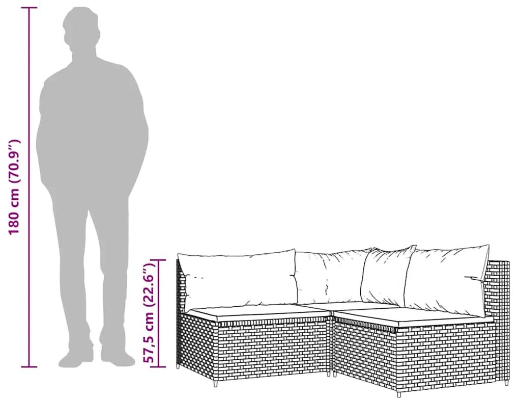 3 pcs conjunto lounge de jardim c/ almofadões vime PE cinzento