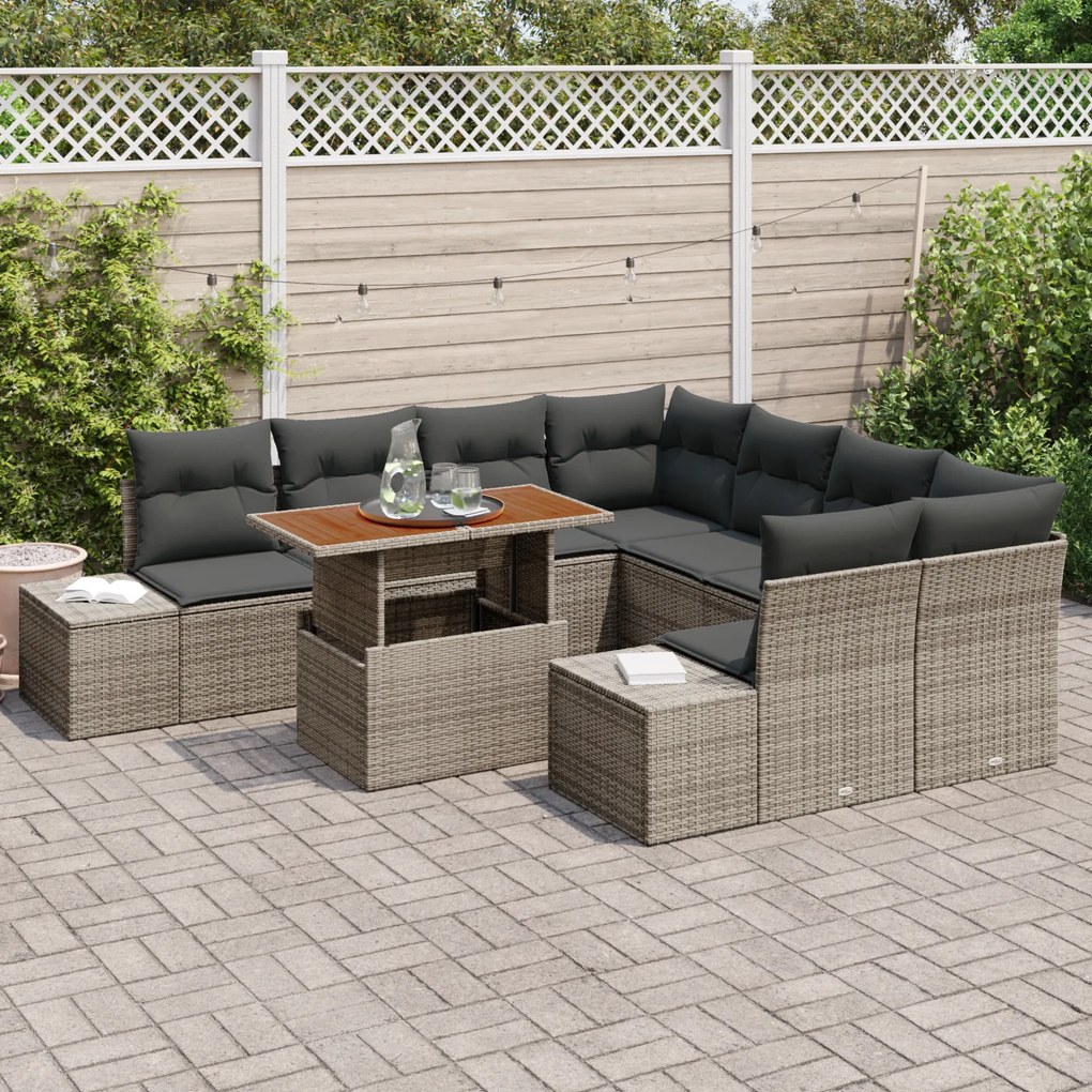 Conjunto de Jantar de Jardim de 9 Peças com Almofadas Cinza em Rattan