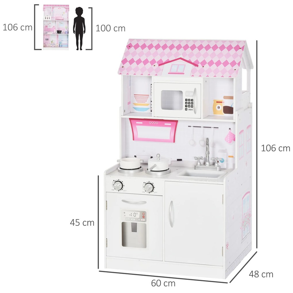 HOMCOM 2 em 1 binquedo de cozinha Casa de bonecas 3 andares com 12 acessórios incluidos para crianças acima de 3 anos 60x 48x 106 cm rosa