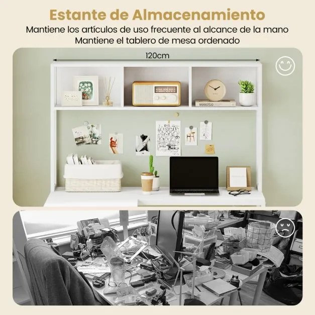 Secretária em forma de L  150 x 120 x 148 cm com compartimento de canto para computador com prateleiras e gancho para auscultadores com estante Branca