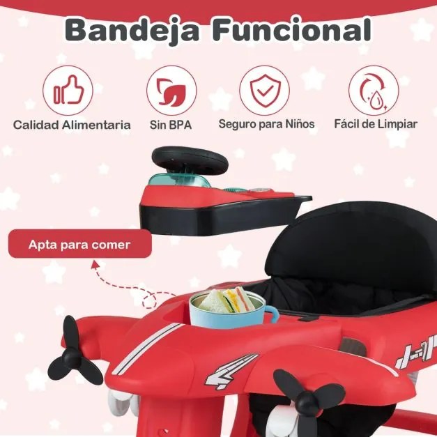 Andador 6 em 1 para bebés de 6 a 18 meses, dobrável, com tema de avião, altura ajustável, bandeja para refeições, centro de atividades conversível, ve