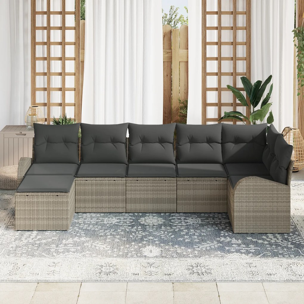 Conjunto de Sofá de Jardim de 7 Peças com Almofadas Cinza Claro Rattan