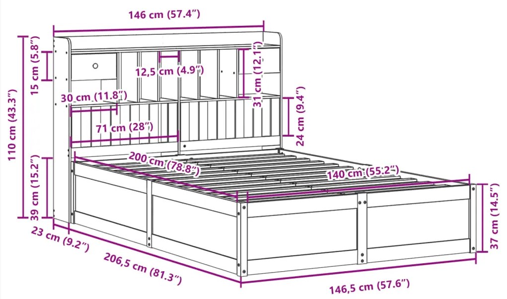 Cama sem colchão 140x200 cm madeira de pinho maciça