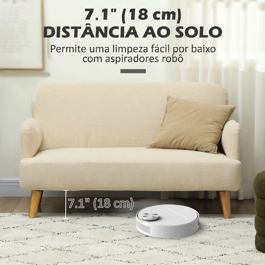 Sofá de 2 Lugares pequeno 140 cm em Veludo com Pés de Madeira de Seringueira para Sala de Estar branco creme