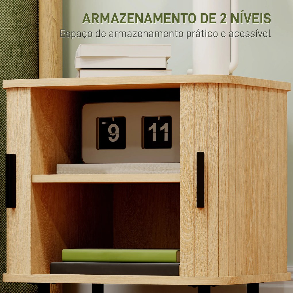 Conjunto de 2 Mesas de Cabeceira com Portas Deslizantes 2 Prateleiras e Pés em Aço Estilo Escandinavo 48x40x48 cm Madeira