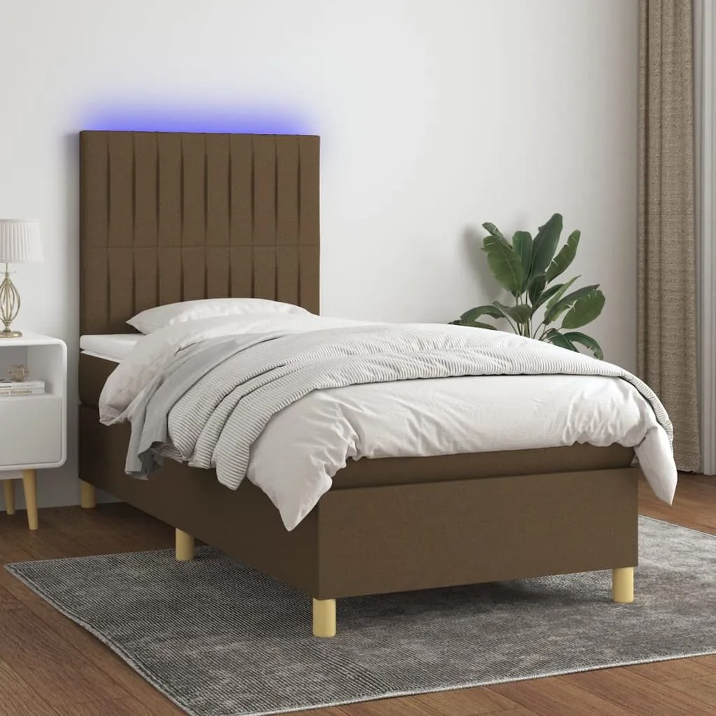 Cama box spring c/ colchão/LED 90x190 cm tecido castanho-escuro