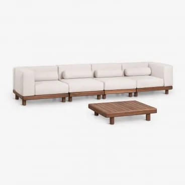 Conjunto De Jardim Com Sofá Modular De 4 Peças Com 2 Módulos De Canto E Mesa De Centro Em Acácia Edrien Castanho Acácia - Sklum