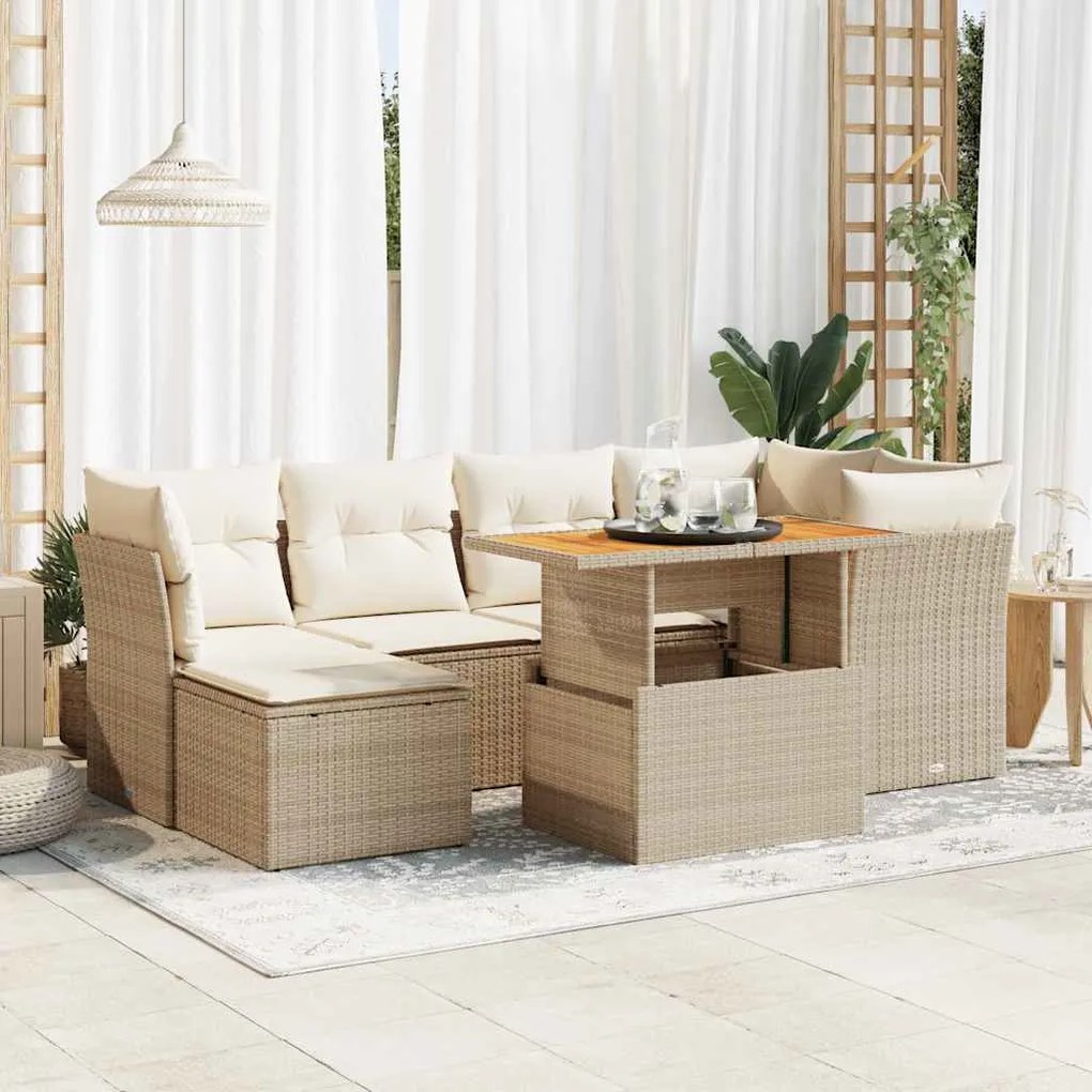 vidaXL 7 pcs conjunto de sofás p/ jardim com almofadões vime PE bege