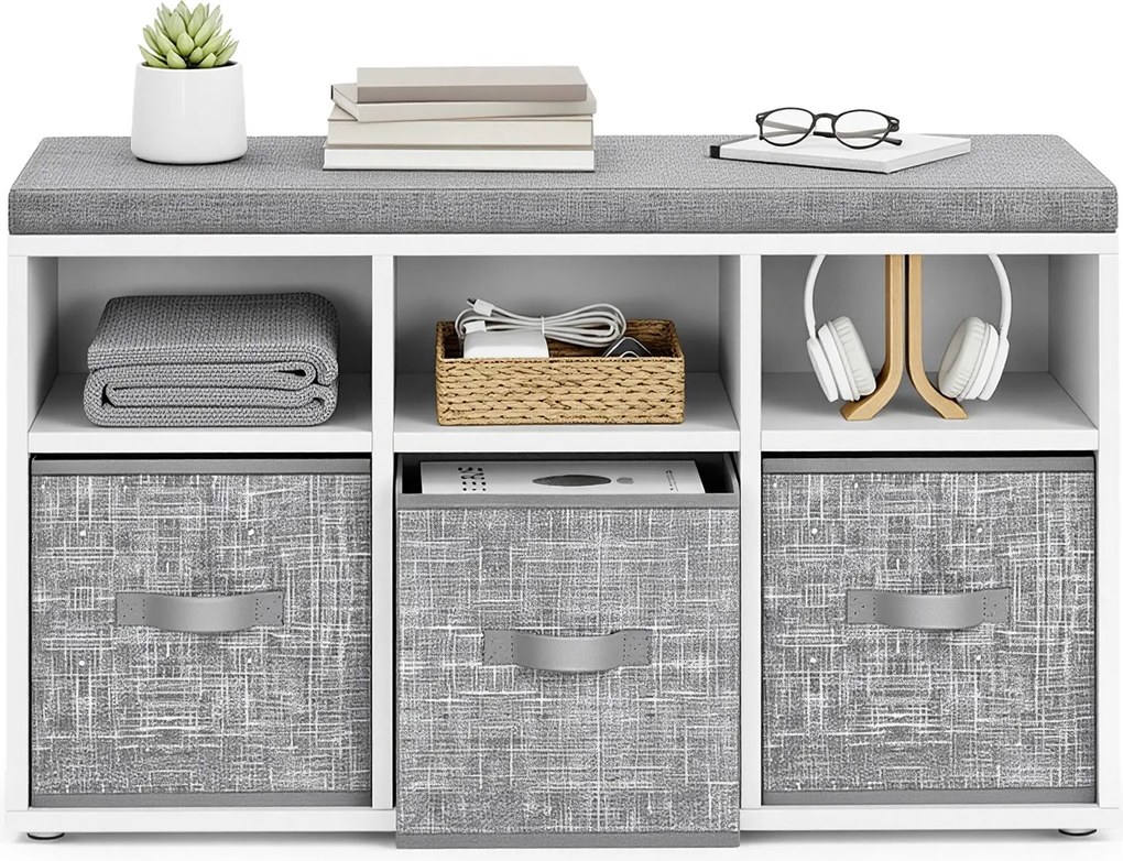 Banco arrumação 87 x 30,3 x 48 cm com 6 compartimentos e 3 caixas, banco para sapatos para a entrada, branco-cinza