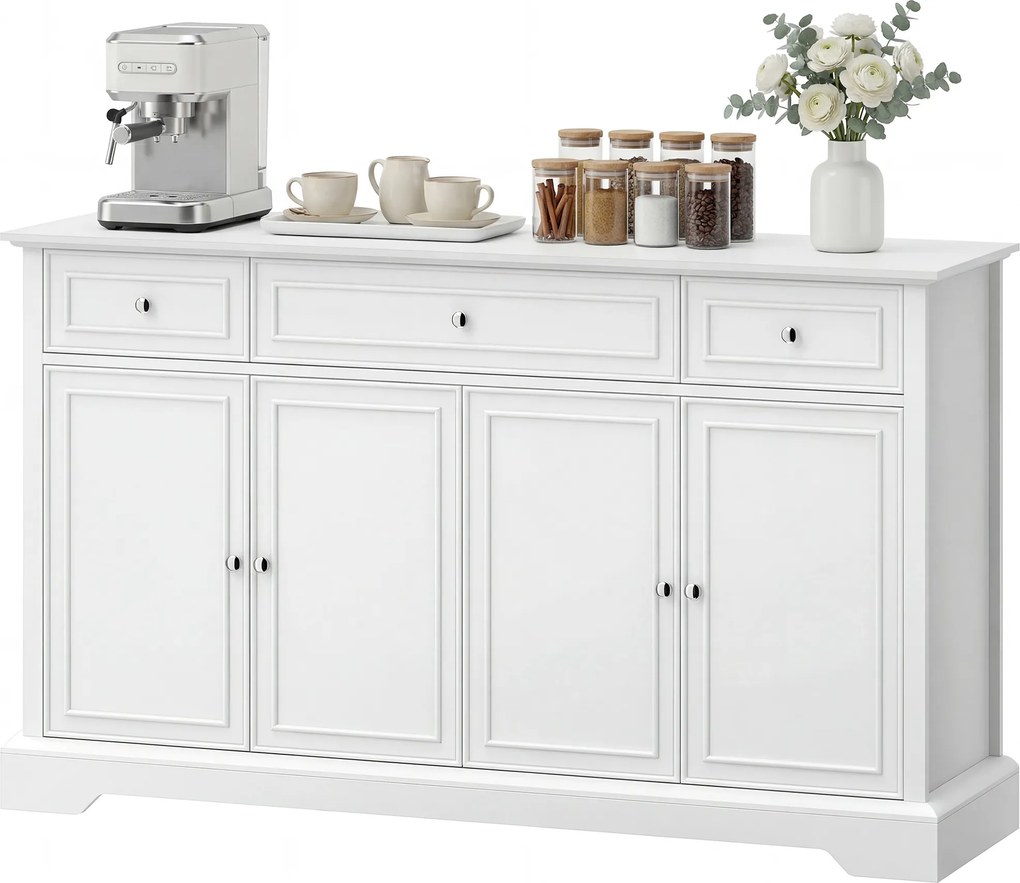 Aparador de sala 136 L x 38 P x 80 A cm, móvel de arrumação com 3 gavetas, 4 portas com fecho suave e prateleiras ajustáveis, branco
