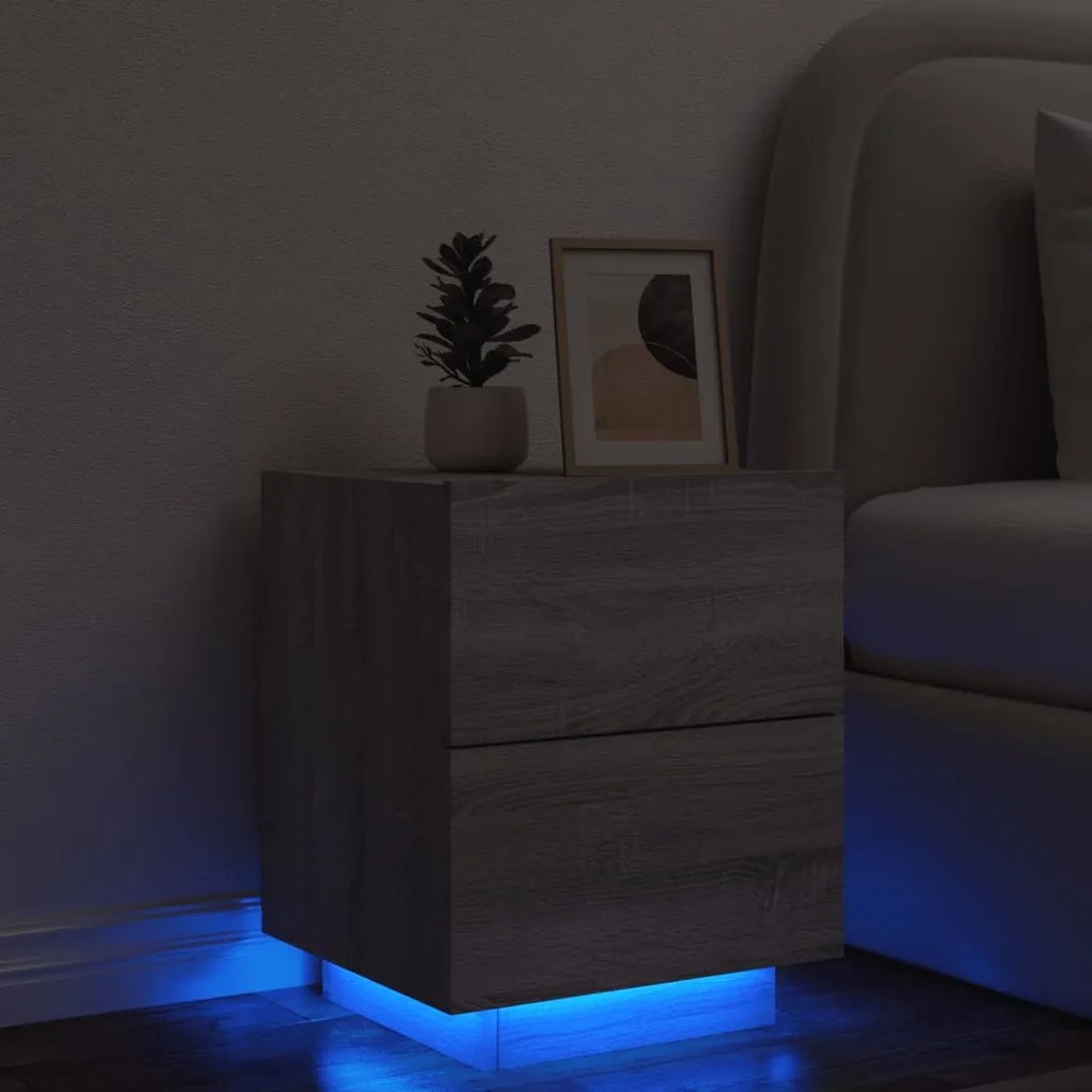 Mesa cabeceira c/ luzes LED derivados madeira cinzento sonoma