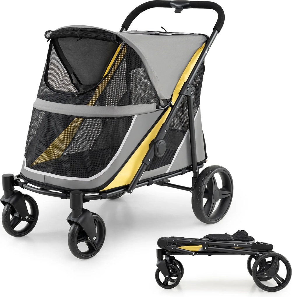 Carrinho Dobrável para Animais de Estimação, 105 x 68 x 102 cm, Dobragem Rápida, Amarelo+Cinza