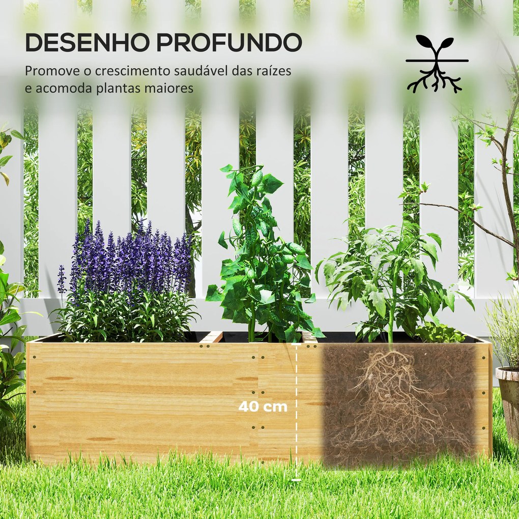 Caixa de Plantação de Madeira Floreira de Exterior Grande com 3 Áreas de Cultivo Caixa para Cultivos Retangular 140x60x40 cm Madeira