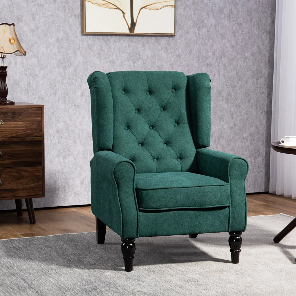 Poltrona de sala estofada com assento largo, pés de madeira, estilo clássico, grande conforto, 74 x 86 x 102 cm, verde