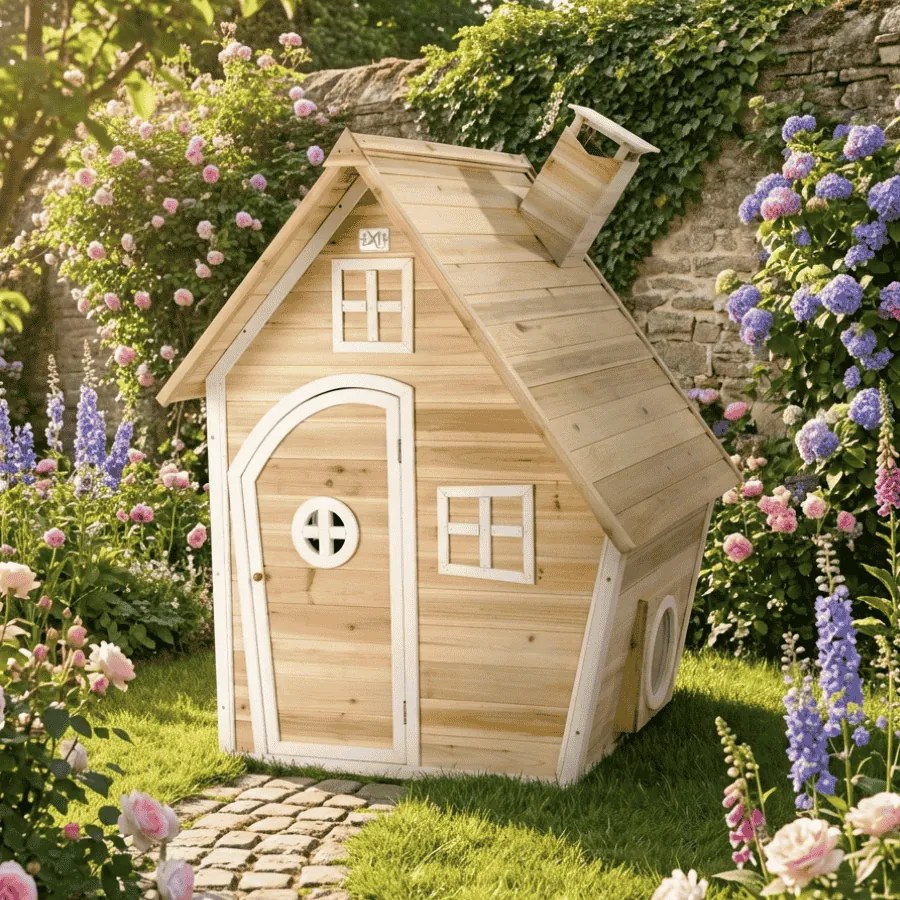 Casa de brincar exterior para crianças Fantasia 100 em madeira natural