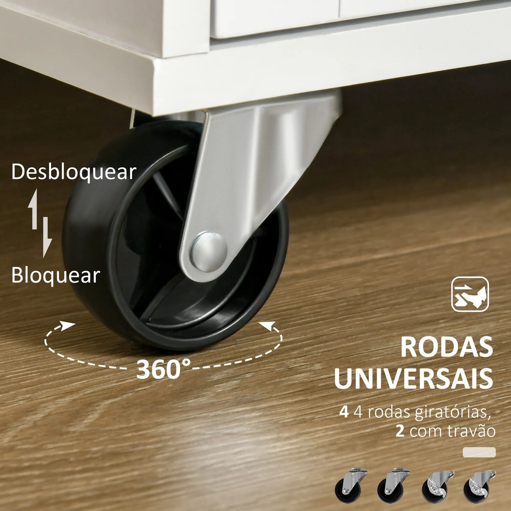 Carrinho de Cozinha com Rodas Móvel Auxiliar de Cozinha com 2 Gavetas 2 Portas Prateleira Ajustável 104x46x91 cm Branco