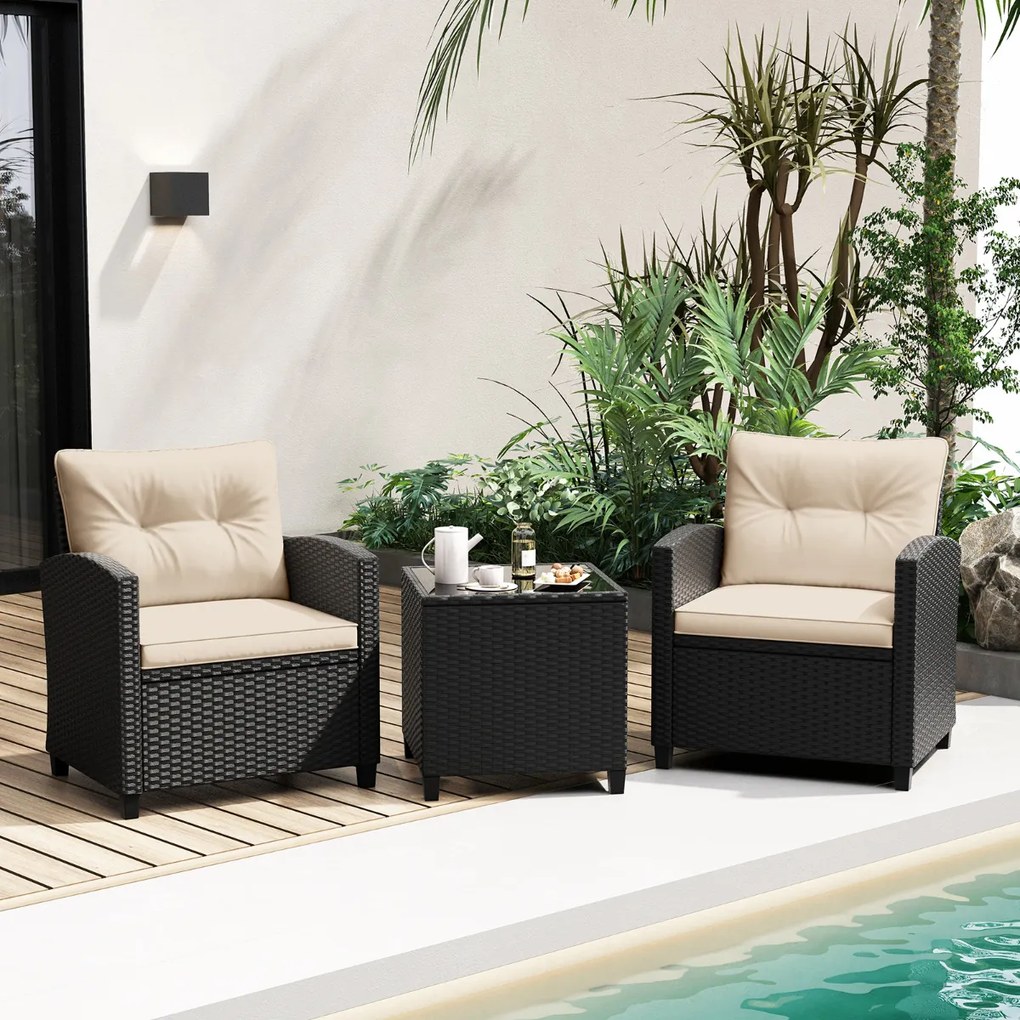 Conjunto de móveis de jardim de 3 peças de rattan com almofadas de assento e encosto e Mesa de centro de vidro temperado preto / creme