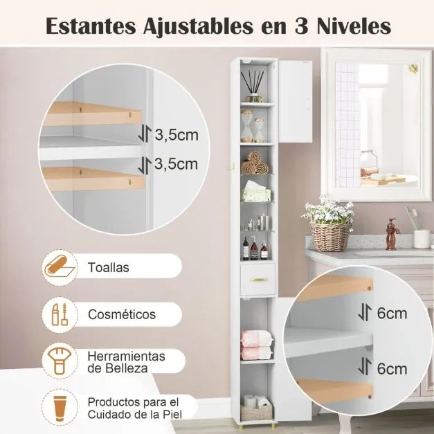 Armário de casa de banho alto de 181 cm estreito com 2 portas e prateleiras ajustáveis Faixa de luzes de 3 cores Branco