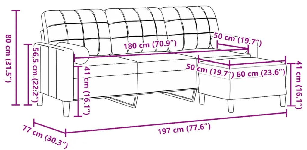 Sofá de 3 lugares com apoio de pés 180 cm veludo castanho