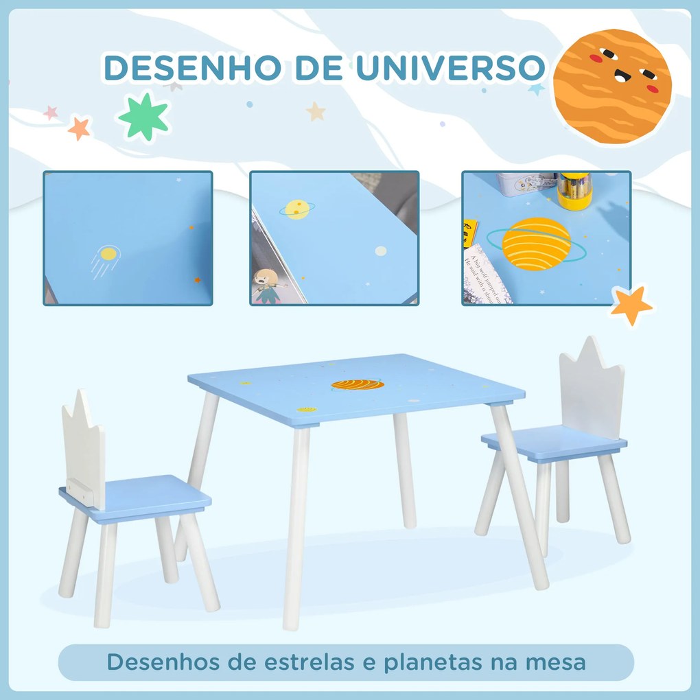 Conjunto de Mesa e 2 Cadeiras Infantil Mesa Infantil Móveis de Madeira Crianças para Sala de Estar Brinquedoteca Dormitório 68x68x47cm e 30x30x51,5cm Azul