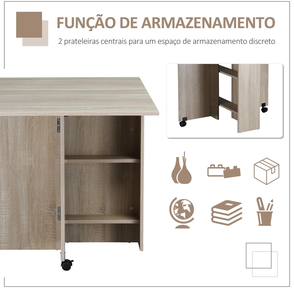 HOMCOM Mesa de Sala de Jantar Dobrável Mesa de Madeira com 2 Prateleiras de Armazenamento e Rodas para Cozinha 80x140x74 cm Madeira