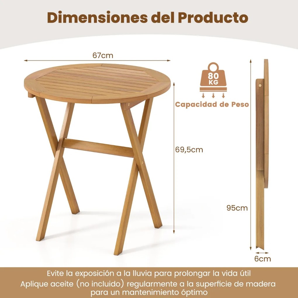 Mesa redonda dobrável 67 x 67 x 69 cm em madeira de acácia para exterior, com estrutura em forma de X, ideal para jardim, pátio ou varanda, com acabam
