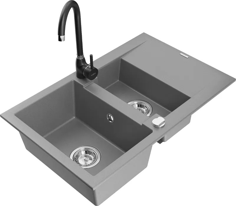 Mexen Gaspar lava-louça de granito 1,5-bacia com escorredor e torneira de cozinha Telma, cinza - 6507-71-670200-70
