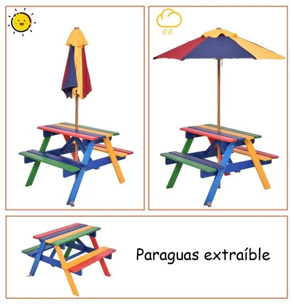 Conjunto de mesa de piquenique de madeira e guarda-sol para crianças dobrável para jardim multicolorido