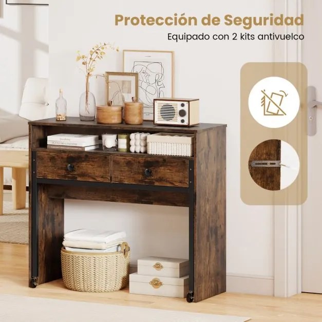 Secretária extensível, mesa pequena para computador com 2 gavetas e rodas100 x 63 x 88 cm Castanho